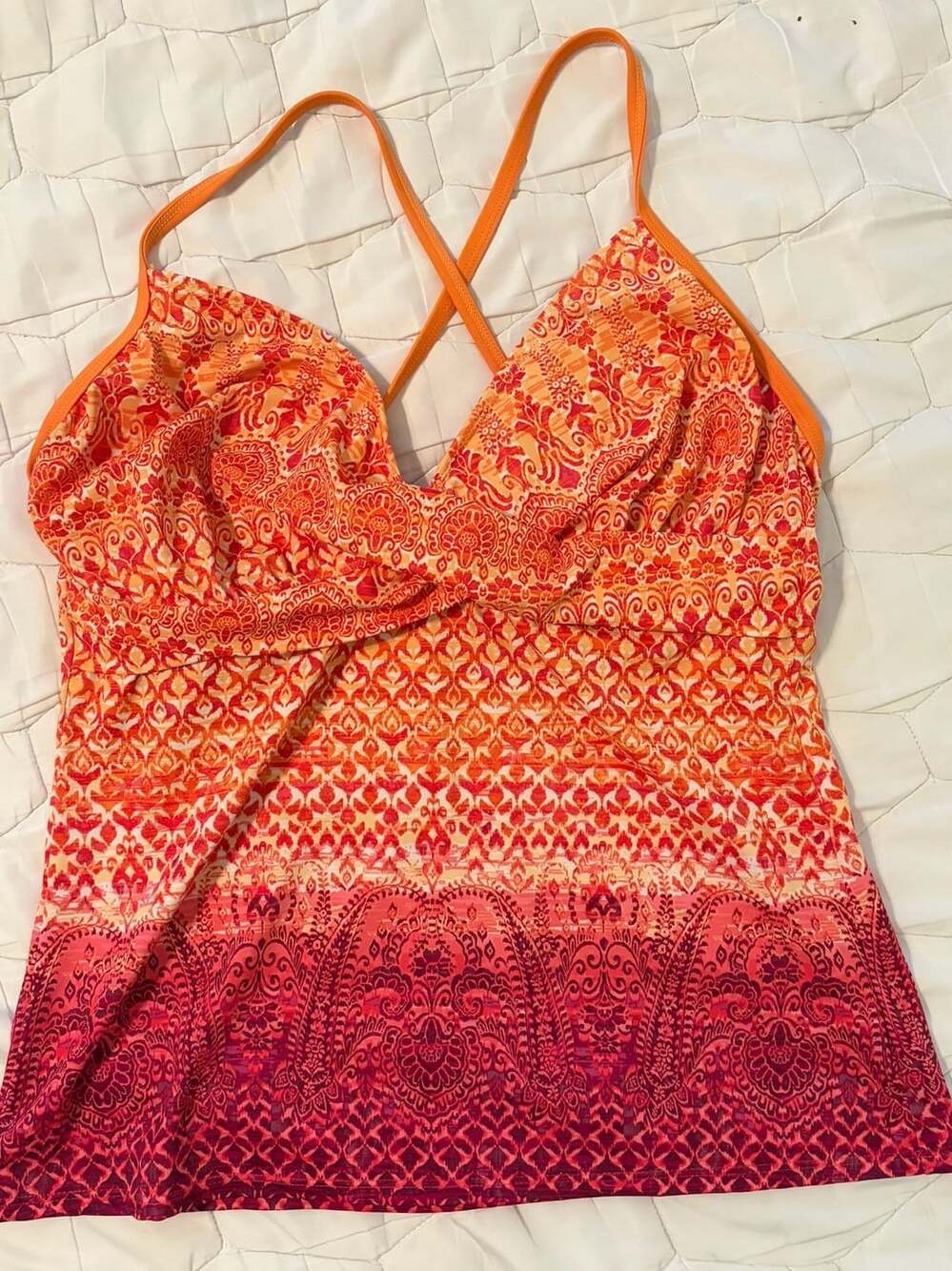 Athleta Tankini Swim Top 40 D/DD Pink Orange Paisley Criss Cross Beach Swimsuit